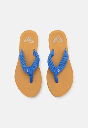 Blue braided thong sandals with a tan footbed, featuring a textured insole and logo detail near the straps.