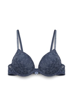 Reggiseno in pizzo blu navy con coppe imbottite, spalline regolabili e un piccolo fiocco di raso al centro davanti.