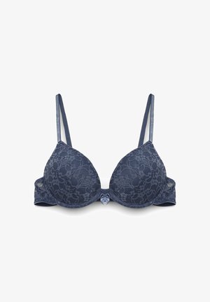 Reggiseno in pizzo blu navy con coppe imbottite, spalline regolabili e un piccolo fiocco di raso al centro davanti.