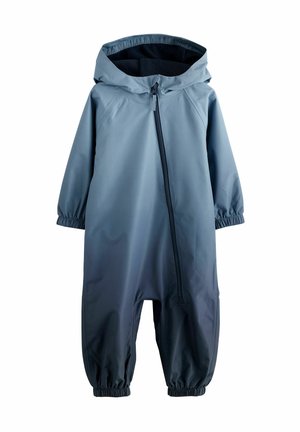 Combinaison une pièce imperméable bleue avec fermeture éclair, poignets élastiques et capuche. Texture lisse avec un effet dégradé allant du clair au foncé.