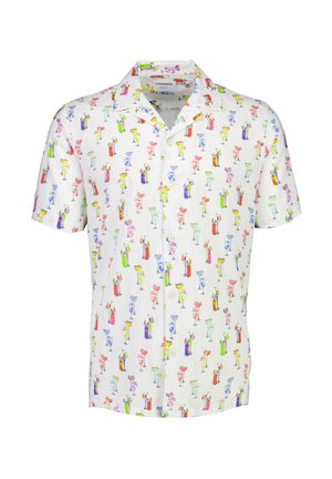 Camicia a maniche corte con bottoni realizzata in tessuto leggero, con uno sfondo bianco e stampe di cocktail colorate in tutto il capo.