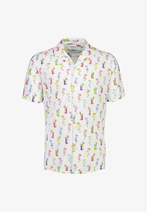 Camicia a maniche corte con bottoni realizzata in tessuto leggero, con uno sfondo bianco e stampe di cocktail colorate in tutto il capo.