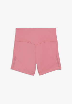 Pantalones cortos deportivos de talle alto en color rosa con detalles de paneles de malla en los costados y acentos de costuras curvas sobre un fondo blanco.