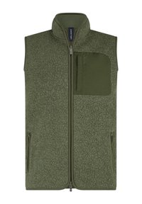 Green fleece vest with a high collar, front zipper, and two side pockets. Features a textured surface and a chest pocket.