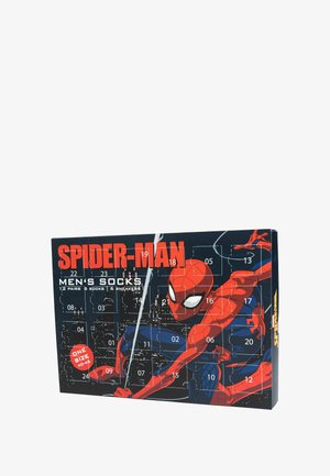Spider-Man men's socks advent calendar with 12 pairs, featuring vibrant comic-style colors, a durable box, and numbered doors for daily surprises.