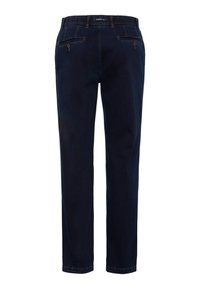 Pantaloni in denim blu scuro con design a gamba dritta. Presentano due tasche posteriori con chiusure a bottone e cuciture a contrasto.