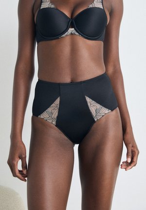High-waisted black panties featuring sheer lace side panels and a smooth finish. The design includes geometric cutouts and a solid waistband.