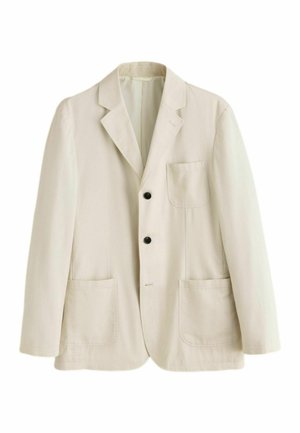 Beige single-breasted blazer with notch lapels, two black buttons, three patch pockets, and long sleeves, displayed on white background.