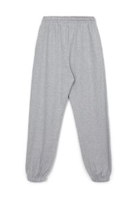 Graue Sweatpants aus weichem Stoff mit einem elastischen Bund und elastischen Bündchen an den Knöcheln. Sie haben eine lockere Passform und eine glatte Textur.