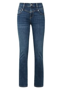 Jeans de mezclilla oscura con una cintura de mediana altura, piernas rectas y diseño de cinco bolsillos. Presentan un cierre con botón y costuras decorativas.