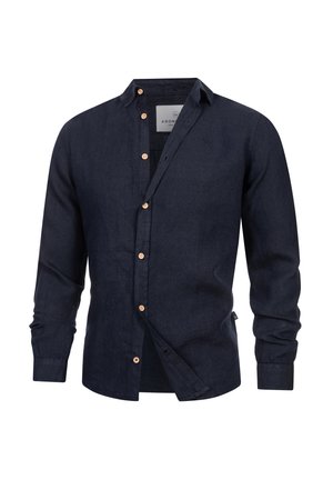 Mørkeblå, langermet casual skjorte med treknapper, spredt krage og en liten logo på venstre bryst.