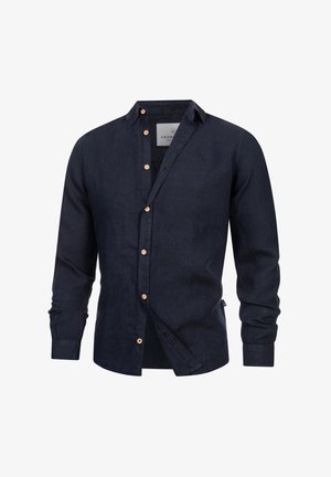 Mørkeblå, langermet casual skjorte med treknapper, spredt krage og en liten logo på venstre bryst.