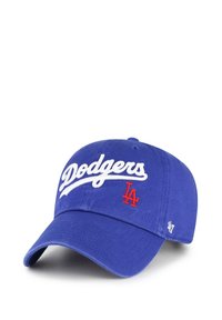 Blaues Baumwoll-Baseballcap mit weißen gestickten "Dodgers"-Text und rotem "LA"-Logo auf der Vorderseite. Weiß gestickte "47" auf der Seite.