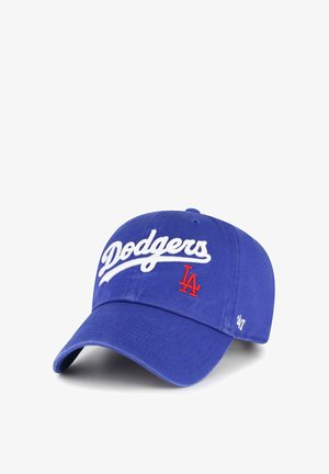 Blaues Baumwoll-Baseballcap mit weißen gestickten "Dodgers"-Text und rotem "LA"-Logo auf der Vorderseite. Weiß gestickte "47" auf der Seite.