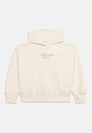 Φούτερ με κουκούλα σε εκρού χρώμα, με τσέπη στο μπροστινό μέρος και το κείμενο "Abercrombie & Fitch" κεντημένο σε ανοιχτό καφέ στο στήθος.