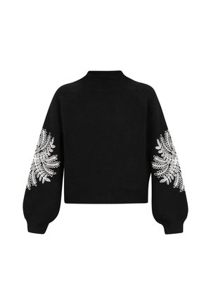Juodas megztinis su aukštu kaklu ir pūstomis rankovėmis. Su baltomis gėlėmis siuvinėjimais ant abiejų rankovių. Patogus tekstūra, trumpintas dizainas.