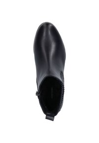 Black leather ankle boot with a rounded toe, textured side panel, and a zipper closure. Smooth finish and soft interior lining.