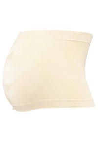 Faja de suporte para grávidas em bege, com design sem costuras, tecido macio e textura respirável, ideal para conforto durante a gravidez.