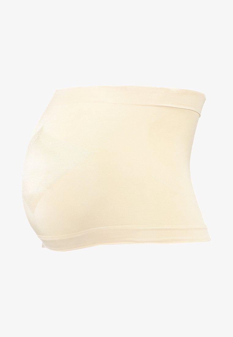 Faja de suporte para grávidas em bege, com design sem costuras, tecido macio e textura respirável, ideal para conforto durante a gravidez.