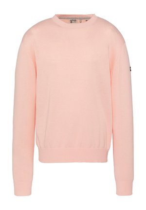Hellrosa Pullover mit Rundhalsausschnitt, langen Ärmeln, gerippten Bündchen und Saum sowie einem kleinen Markenetikett am linken Ärmel.