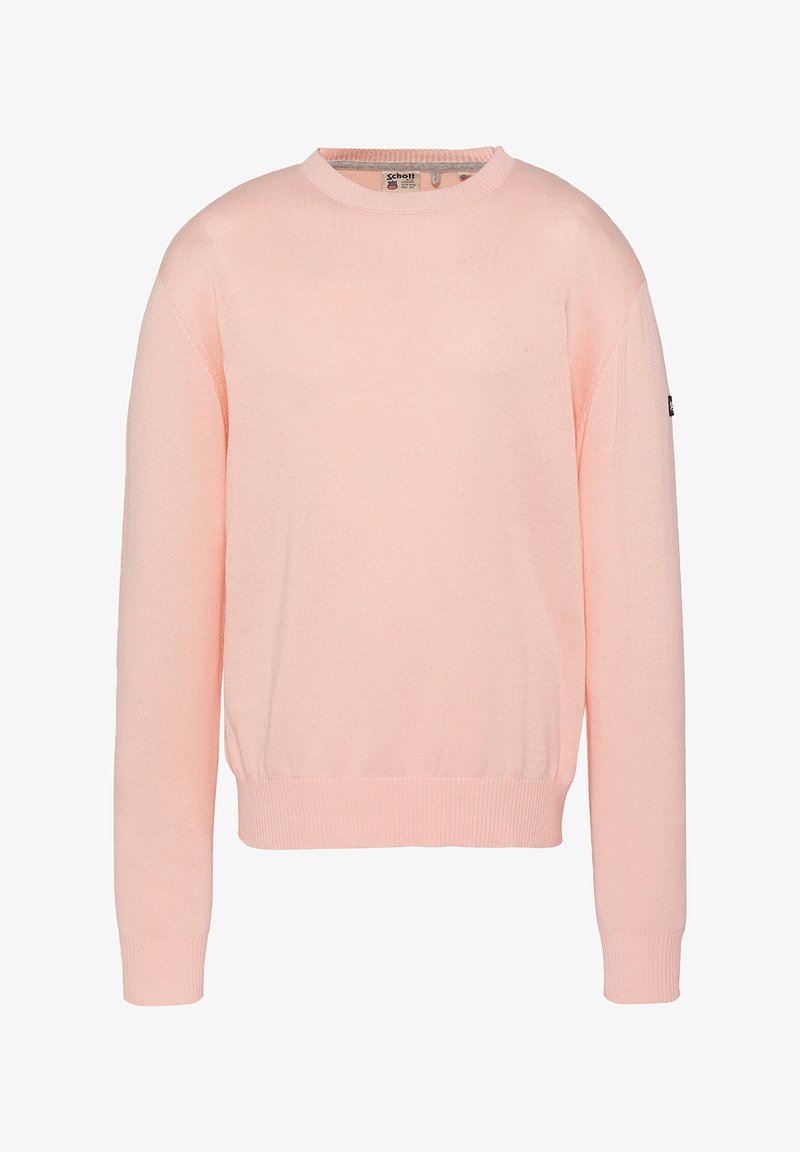 Pull col rond rose clair avec manches longues, poignets et ourlet côtelés, et une petite étiquette de marque sur la manche gauche.