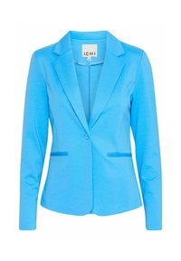 Ljusblå kvinno-blazer med enkel knappstängning, slagkragar och två framfickor, visad på en vit bakgrund.