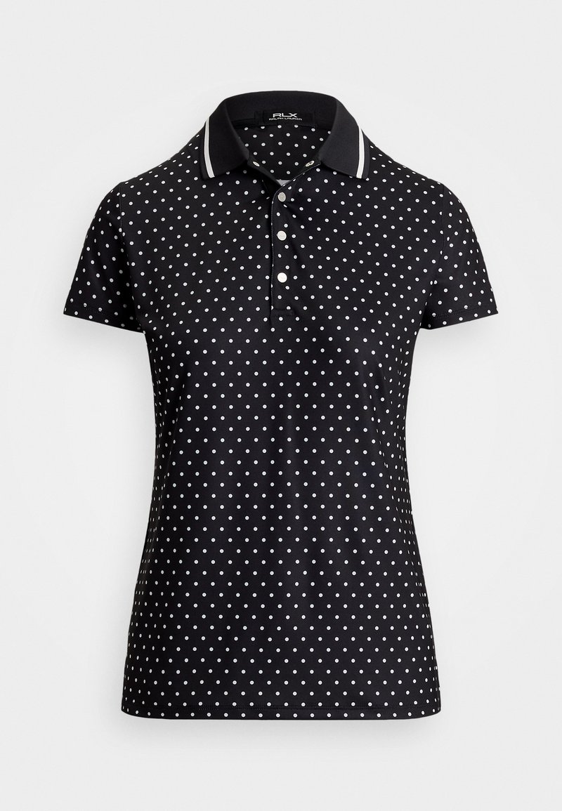 T-shirt polo noir avec des pois blancs, un col avec des accents rayés, des manches courtes et une patte de boutonnage.