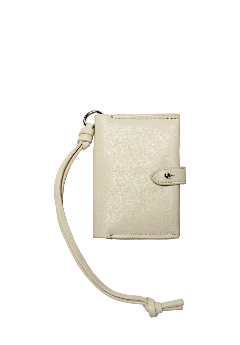 Beige leather wallet with a textured finish, fold-over flap, attached strap, and snap closure. Features contrasting stitching and metal hardware.