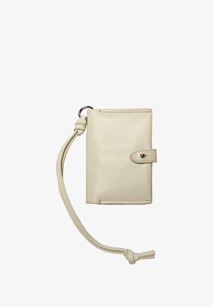 Beige leather wallet with a textured finish, fold-over flap, attached strap, and snap closure. Features contrasting stitching and metal hardware.