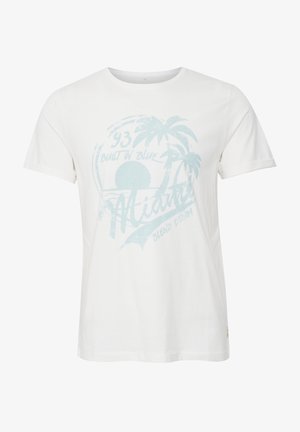 Weißes T-Shirt mit kurzen Ärmeln aus Baumwolle, versehen mit einem hellblauen Grafikdesign mit Palmen und dem Text "93 Built in Blue Miami Blend Denim."