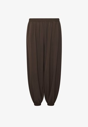 Pantalon ample marron foncé avec taille élastique et poignets élastiques, présenté sur fond blanc.