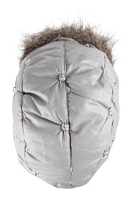 Light gray padded winter hat with stitched button details and fur trim around the edge, shown from above on a white background.