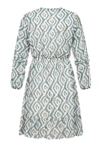 Robe manches longues avec taille élastique, ourlet froncé et motif abstrait vert et blanc avec des accents floraux beige.