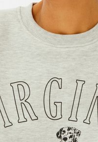 Světle šedá mikina s vroubkovaným kulatým výstřihem, na přední straně s černým nápisem "ARG" a grafikou dalmata.