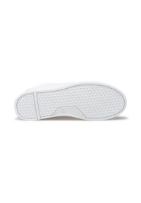 Weiße Sneaker-Sohle aus strukturiertem Gummimaterial mit Fischgrätenmuster und einem ausgeprägten Fersenbereich für Traktion.