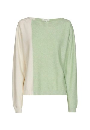 Pull vert et crème à la coupe ample, col rond et poignets côtelés. Texture douce avec un design bicolore.