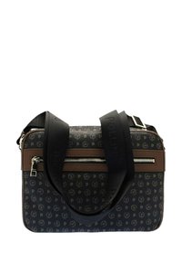 Borsa a tracolla nera con motivo, con accenti marroni, dotata di una cerniera e di una tracolla nera rimovibile. Texture liscia, forma rettangolare.