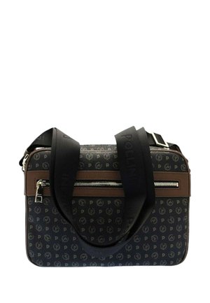 Borsa a tracolla nera con motivo, con accenti marroni, dotata di una cerniera e di una tracolla nera rimovibile. Texture liscia, forma rettangolare.