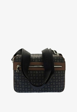 Borsa a tracolla nera con motivo, con accenti marroni, dotata di una cerniera e di una tracolla nera rimovibile. Texture liscia, forma rettangolare.
