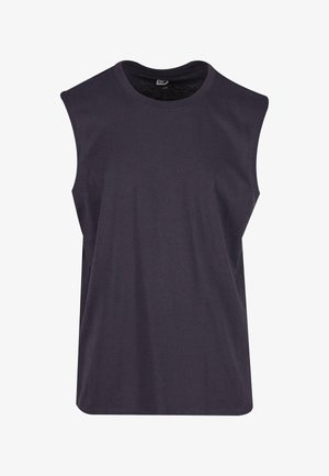 Donkergrijze mouwloze t-shirt gemaakt van katoen. Heeft een ronde hals en een gladde textuur, met een losse pasvorm en geen patronen of versieringen.