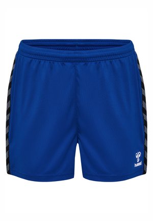 Blauwe sportieve shorts van gladde stof, met zwarte zijstrepen met een geometrisch patroon en een klein logo aan de onderzijde rechts.