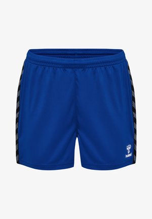 Blå atletiske shorts lavet af glat stof, med sorte side-striber med et geometrisk mønster og et lille logo nederst til højre.