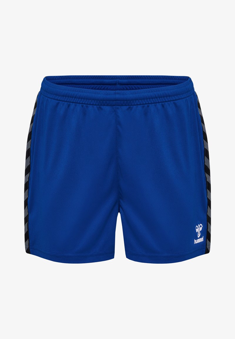 Blå sportshorts i mjukt material, med svarta sidostråkar i geometriskt mönster och en liten logotyp på nedre högra sidan.