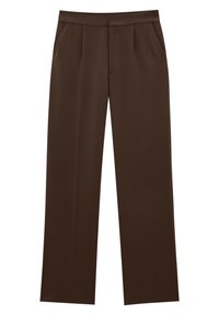 Pantalons marron avec une coupe droite, dotés d'un devant plat et de poches latérales. Fabriqués en tissu lisse avec des plis subtils.