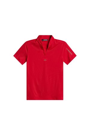 Czerwona koszulka polo z krótkim rękawem i kołnierzykiem, z złotym logo na środku oraz nazwą marki na rękawie. Gładka faktura.