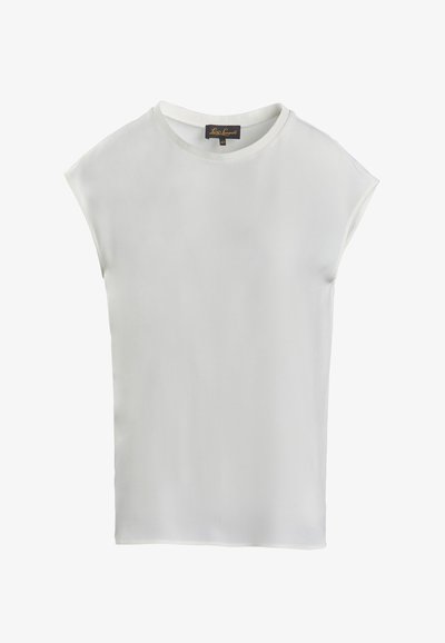 Weiße kurzärmelige Bluse mit rundem Halsausschnitt, aus glattem Stoff gefertigt, hat eine lockere Passform und ein einfaches Design, minimalistisch und vielseitig.