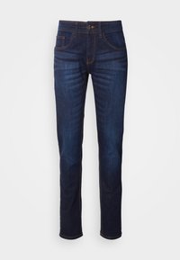 Mörkblå denimjeans med rak benpassform, som har fem fickor, kontrasterande sömmar och en knappstängning i midjan.