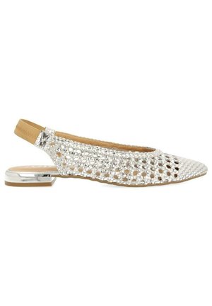Silver slingback flats with woven design, pointed toe, and a low metallic heel. Smooth interior lining and textured upper.
