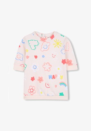 Svetloružová polotrumpetová košeľa vyrobená z mäkkej tkaniny, s farebnými kvetinovými a usmievavými tvárami, s nápisom "ŠŤASTNÝ" potlačeným tučným písmom.