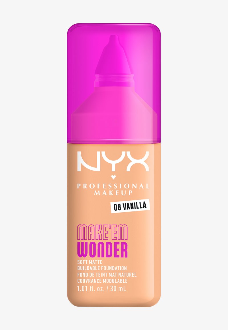 Fond de teint Soft Matte de NYX Professional Makeup en teinte 08 Vanille, présenté dans un flacon beige avec un capuchon rose et un texte violet audacieux. 30 mL.